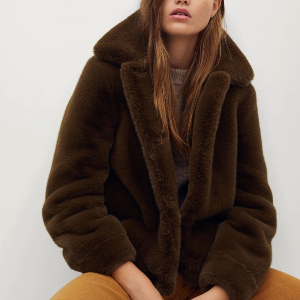 NWT Mango Short Faux Fur Coat in Brown